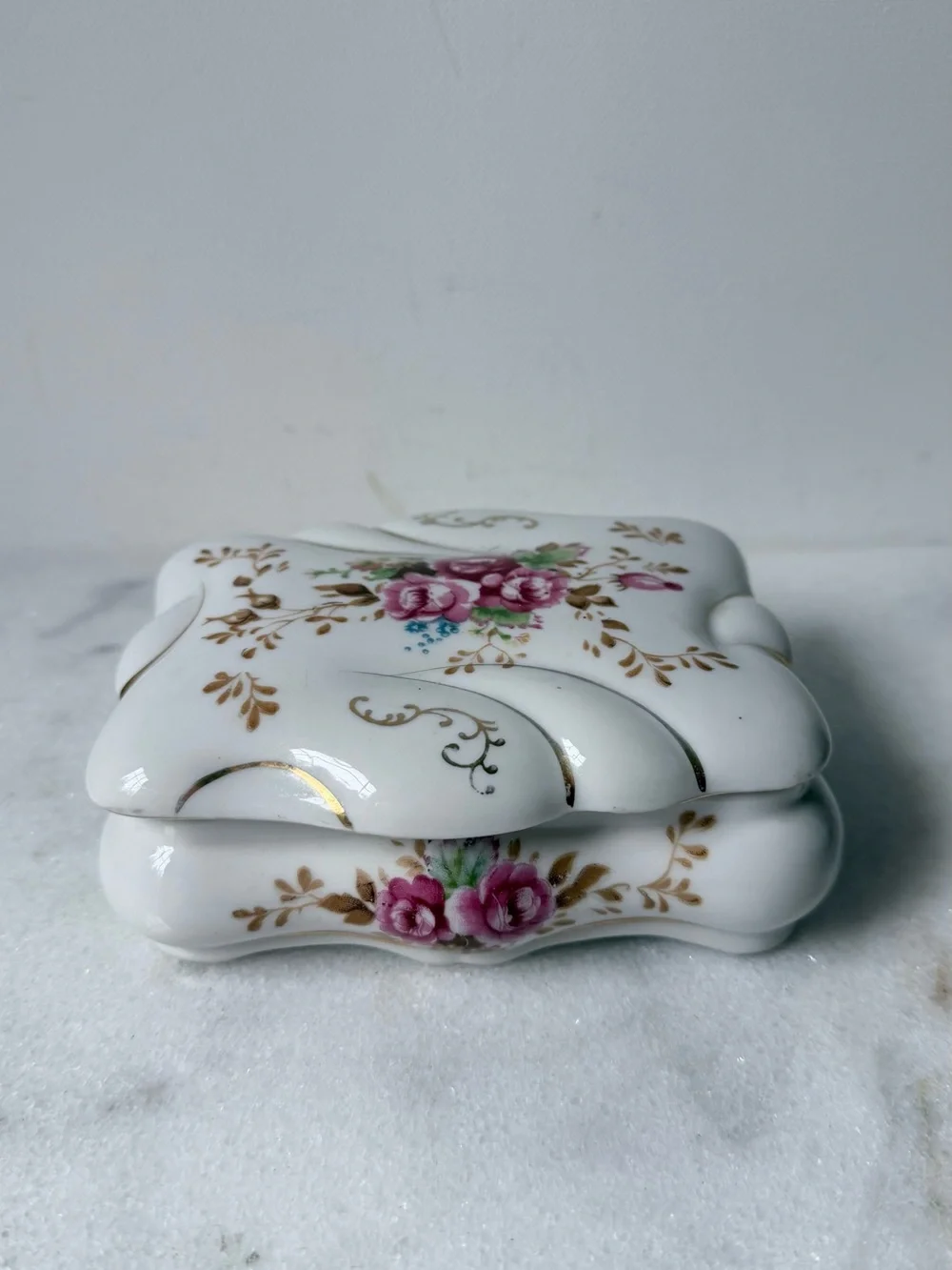 Porcelain Floral Trinket Box with Pink Rose Motif Japan vintage